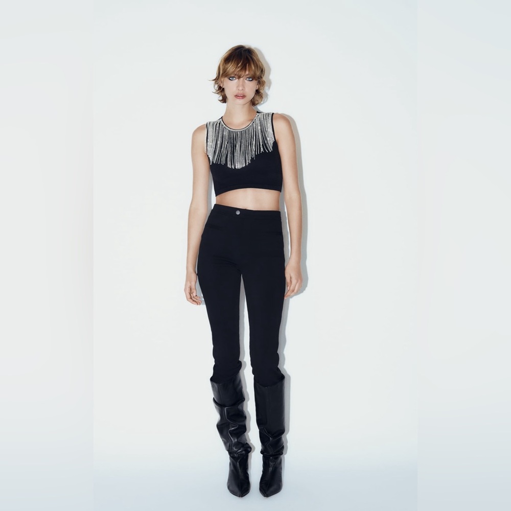 NWT ZARA FRINGED SEAMLESS JEWEL CROP TOP